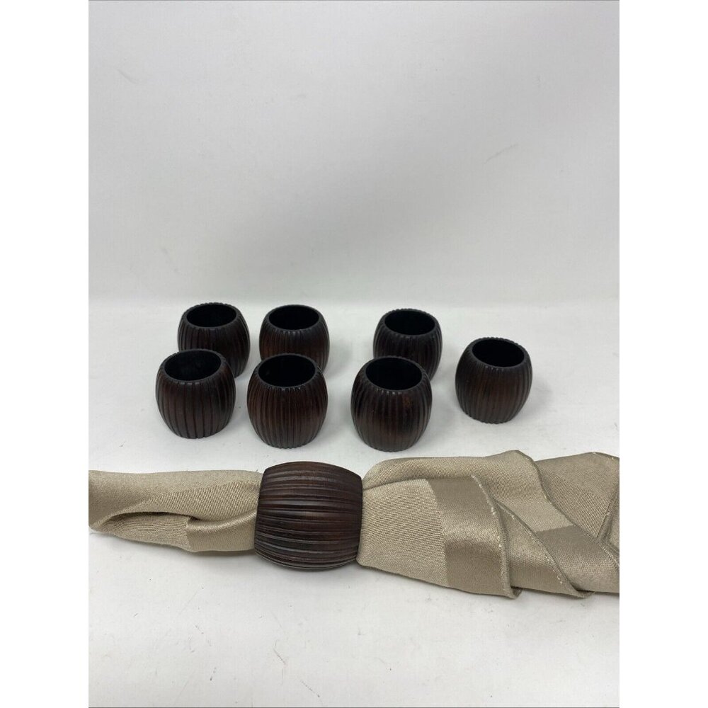 Dark Brown Wood Ribbed Barrel Napkin Rings Set Of 8 Tiki Aloha Party